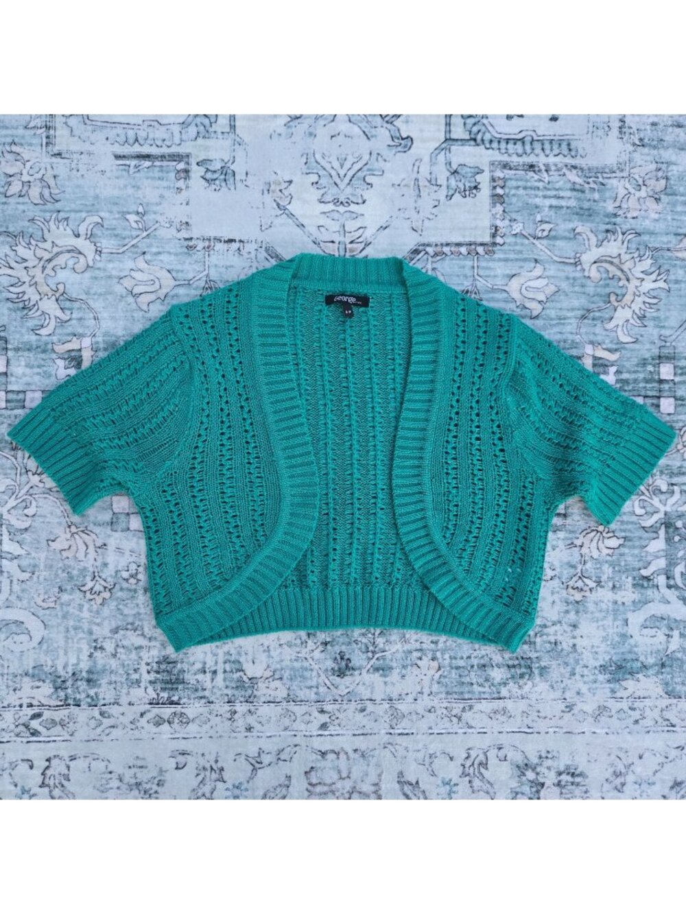 Vintage Y2K Teal Shrug Bolero Cropped Cardigan Size S Short Sleeves 2000s